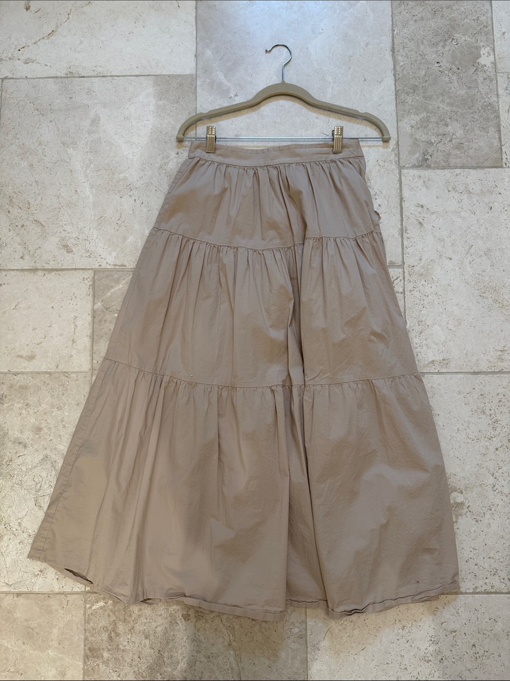 STAUD Taupe Tiered A-Line Maxi Skirt